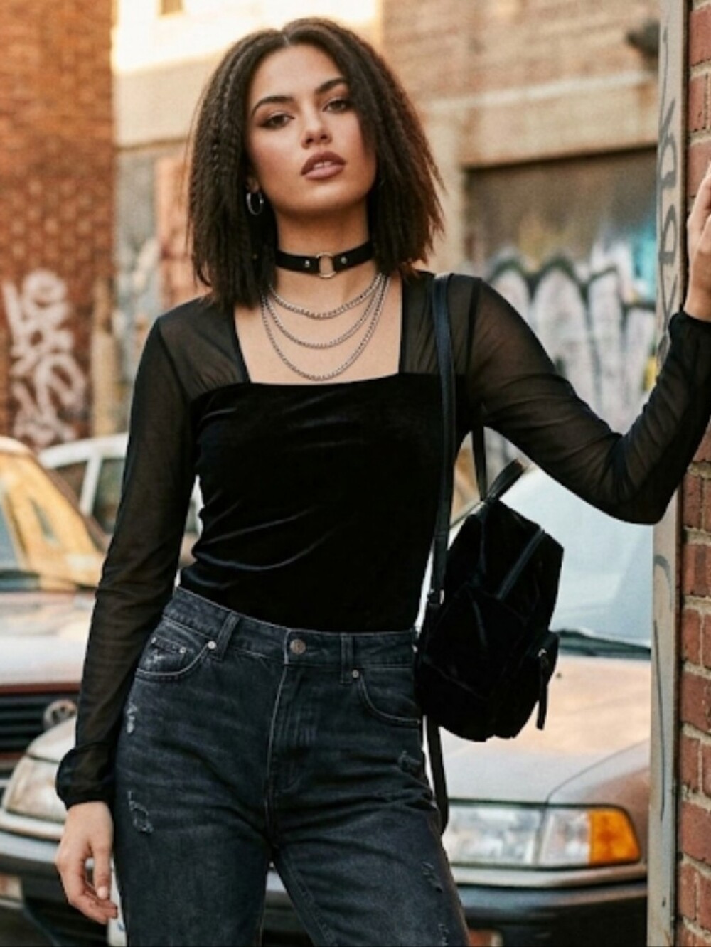 Susan LawRence  Vintage Black Sheer Long  Sleeve Velvet  Square Nec TOP